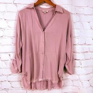Umgee Pink mauve Button Down Blouse top Notched Collar and 3/4 Sleeves casual